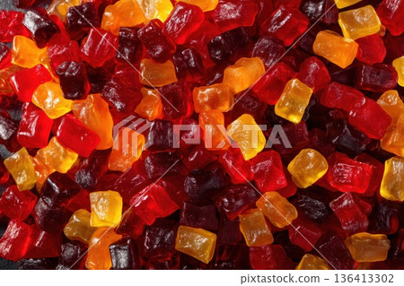 Overhead View of Tightly Packed Arrangement of Colorful Candies in Various Shapes and Sizes Overhead View of Tightly Packed Arrangement of Colorful Candies in Various Shapes and Sizes 136413302