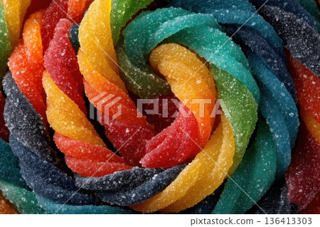 Colorful Twisted Gummy Candies Arranged in a Beautiful Pattern for Fun and Festive Treats Colorful Twisted Gummy Candies Arranged in a Beautiful Pattern for Fun and Festive Treats 136413303