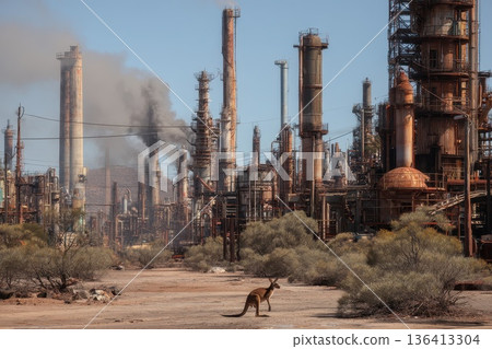 Kangaroo Hops Through Industrial Landscape with Smoke Stacks in the Background Kangaroo Hops Through Industrial Landscape with Smoke Stacks in the Background 136413304