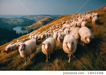 Flock of Sheep Grazing on Hillside Overlooking Scenic Landscape with Rolling Hills and Lake Flock of Sheep Grazing on Hillside Overlooking Scenic Landscape with Rolling Hills and Lake 136413306