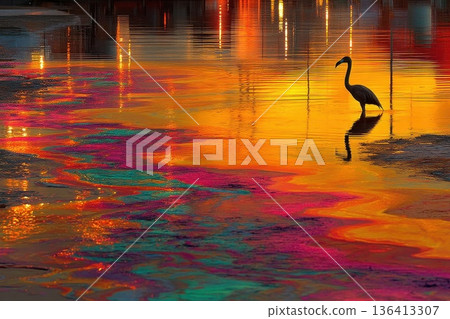 Flamingo Stands Near Colorful Reflection from Chemical Spill in a Vibrant Body of Water Flamingo Stands Near Colorful Reflection from Chemical Spill in a Vibrant Body of Water 136413307