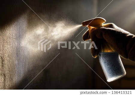 Professional cleaner in glove spraying mist from a bottle in a bright indoor environment Professional cleaner in glove spraying mist from a bottle in a bright indoor environment 136413321