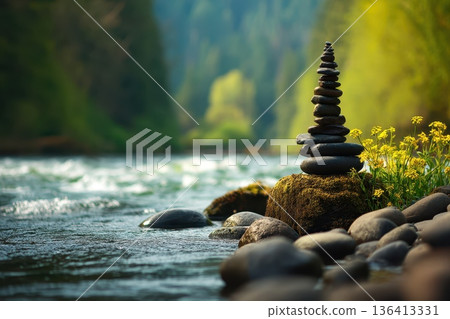 Serene Riverbank Scene with Balanced Stones and Flowing Waters in Nature's Embrace Serene Riverbank Scene with Balanced Stones and Flowing Waters in Nature's Embrace 136413331