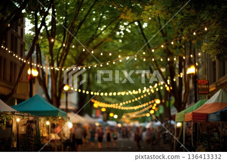 People Walking Beneath Hanging String Lights in an Evening Market Street with Green Trees People Walking Beneath Hanging String Lights in an Evening Market Street with Green Trees 136413332
