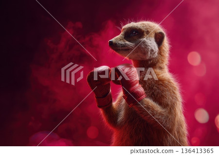 Confident Meerkat Standing in Boxing Gloves Against a Vibrant Red Background 136413365