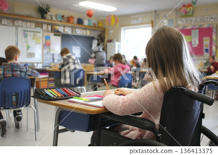 Inclusive Classroom with Cheerful Seating Arrangements for Diverse Students Engaged in Learning 136413375