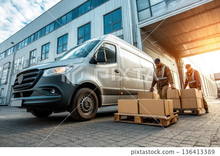 Loading Scene with Delivery Van and Two Workers Handling Cartons in Industrial Area Loading Scene with Delivery Van and Two Workers Handling Cartons in Industrial Area 136413389