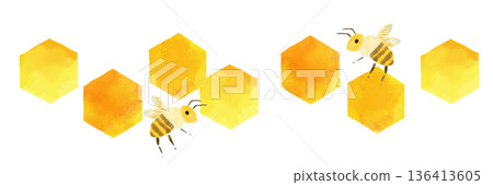 水彩風格的蜜蜂和蜂巢結構背景素材 136413605