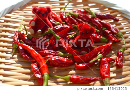 Bright red chili pepper and bright red teddy bear Bright red chili pepper and bright red teddy bear 136413923