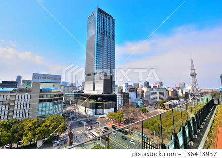 Aichi Prefecture: Nagoya Cityscape: Sakae view from the rooftop plaza of the Chunichi Building 136413937