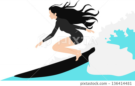一幅描繪女子在夏日大海中衝浪的插圖 136414481