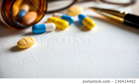 藥丸和筆象徵處方書寫和醫療保險文件。 136414482