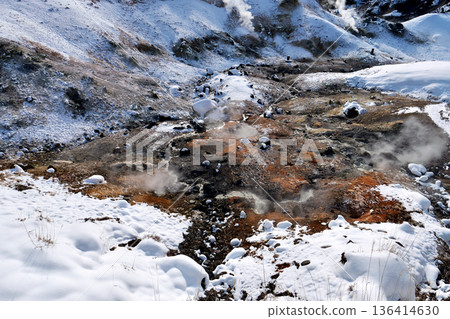 Steam coming out of the fumaroles at Noboribetsu Jigokudani in winter Steam coming out of the fumaroles at Noboribetsu Jigokudani in winter 136414630