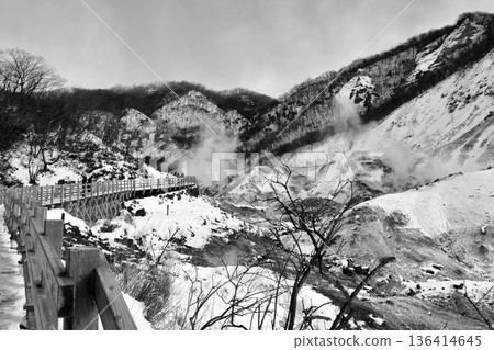 Steam coming out of the fumaroles at Noboribetsu Jigokudani in the desolate winter Steam coming out of the fumaroles at Noboribetsu Jigokudani in the desolate winter 136414645