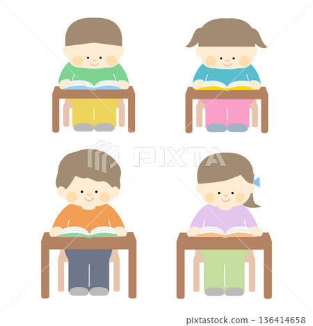 一組兒童在書桌前閱讀的插圖 136414658