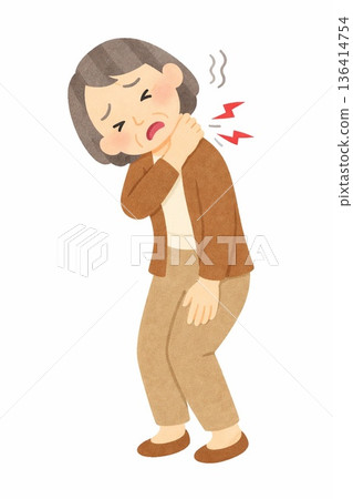 Illustration of an elderly woman standing painfully with neck pain 136414754