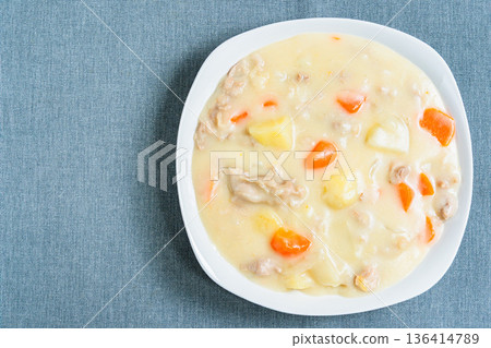 Cream stew served on a white plate Cream stew served on a white plate 136414789