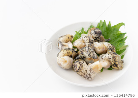 Boiled whelks (lighthouse whelks) served on a plate on a white background Boiled whelks (lighthouse whelks) served on a plate on a white background 136414796