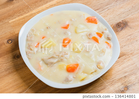 Cream stew served on a white plate 136414801