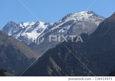 Traveling along the Silk Road in China: Scenery of Tianshan Tianchi in Urumqi Traveling along the Silk Road in China: Scenery of Tianshan Tianchi in Urumqi 136414975