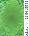 St. Patrick's Day celebration background with shamrocks and green clover leaves framing a textured bokeh space 136415531