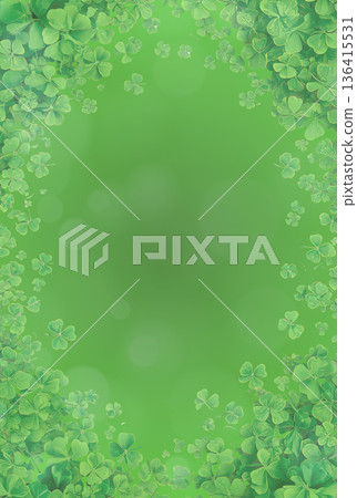St. Patrick's Day celebration background with shamrocks and green clover leaves framing a textured bokeh space 136415531
