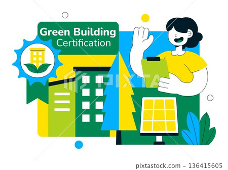 Green Building Certification Vector Illustration Featuring Sustainable Architecture and Eco-Friendly Development in a Flat Cartoon Style Background 136415605