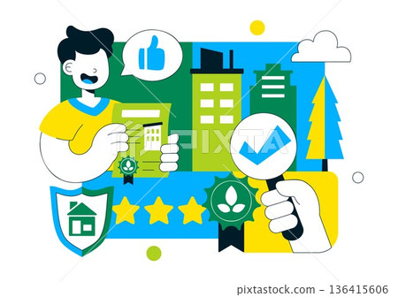 Green Building Certification Vector Illustration Featuring Sustainable Architecture and Eco-Friendly Development in a Flat Cartoon Style Background 136415606