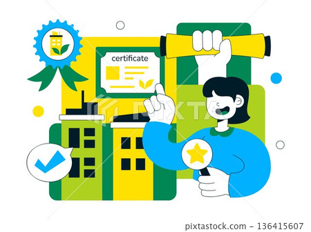 Green Building Certification Vector Illustration Featuring Sustainable Architecture and Eco-Friendly Development in a Flat Cartoon Style Background 136415607