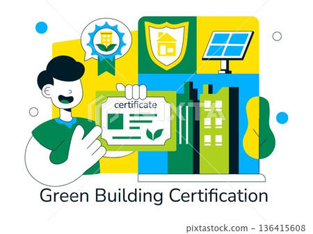 Green Building Certification Vector Illustration Featuring Sustainable Architecture and Eco-Friendly Development in a Flat Cartoon Style Background Green Building Certification Vector Illustration Featuring Sustainable Architecture and Eco-Friendly Development in a Flat Cartoon Style Background 136415608