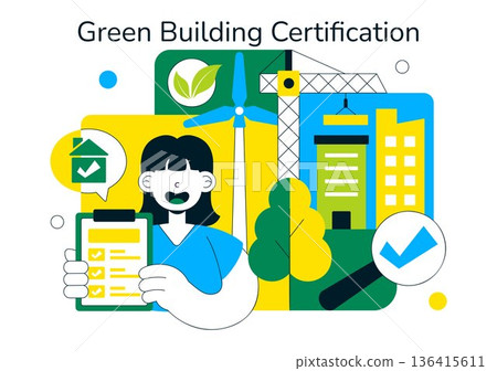 Green Building Certification Vector Illustration Featuring Sustainable Architecture and Eco-Friendly Development in a Flat Cartoon Style Background 136415611