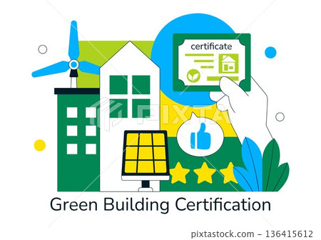 Green Building Certification Vector Illustration Featuring Sustainable Architecture and Eco-Friendly Development in a Flat Cartoon Style Background Green Building Certification Vector Illustration Featuring Sustainable Architecture and Eco-Friendly Development in a Flat Cartoon Style Background 136415612