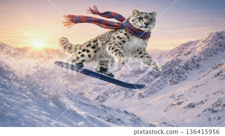 AI-generated item-Fantasy winter sports scene featuring a snow leopard riding a snowboard down a snowy mountain slope at golden hour. 136415956