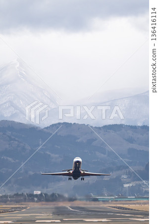 Sendai Airport in winter, airplane taking off, Natori City, Miyagi Prefecture Sendai Airport in winter, airplane taking off, Natori City, Miyagi Prefecture 136416114