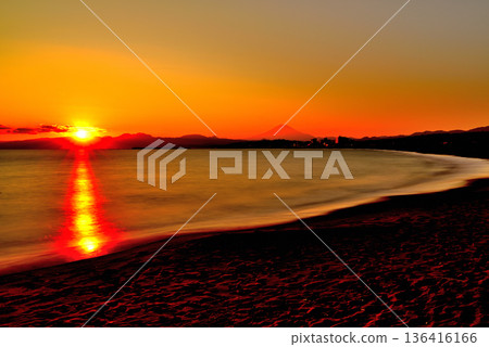 Winter evening view of Mt. Fuji from Chigasaki Coast Long exposure photography 136416166