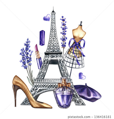 Parisian fashion. A composition with fashionable purple women's accessories. The illustrations are hand-drawn watercolors. Elements of female beauty, lavender flowers, and the Eiffel Tower. Parisian fashion. A composition with fashionable purple women's accessories. The illustrations are hand-drawn watercolors. Elements of female beauty, lavender flowers, and the Eiffel Tower. 136416181