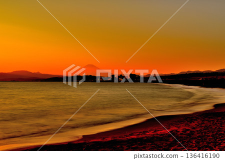Winter evening view of Mt. Fuji from Chigasaki Coast Long exposure photography 136416190