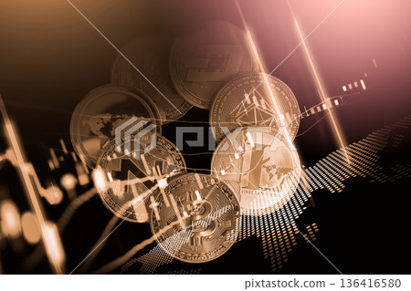 Modern way of exchange. Bitcoin is convenient payment in global economy market. Virtual digital currency and financial investment trade concept. Abstract cryptocurrency with gold bitcoin background. Modern way of exchange. Bitcoin is convenient payment in global economy market. Virtual digital currency and financial investment trade concept. Abstract cryptocurrency with gold bitcoin background. 136416580