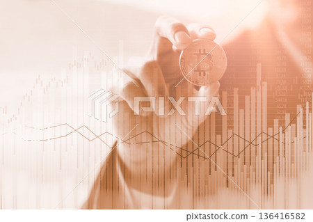 Modern way of exchange. Bitcoin is convenient payment in global economy market. Virtual digital currency and financial investment trade concept. Abstract cryptocurrency with gold bitcoin background. Modern way of exchange. Bitcoin is convenient payment in global economy market. Virtual digital currency and financial investment trade concept. Abstract cryptocurrency with gold bitcoin background. 136416582