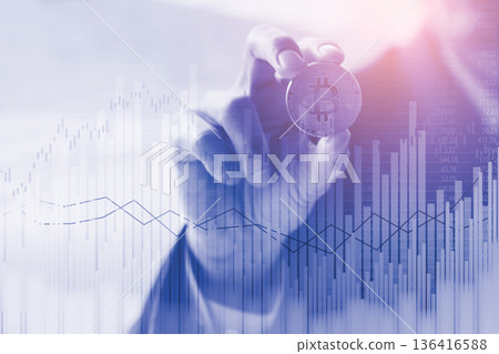 Modern way of exchange. Bitcoin is convenient payment in global economy market. Virtual digital currency and financial investment trade concept. Abstract cryptocurrency with gold bitcoin background. 136416588