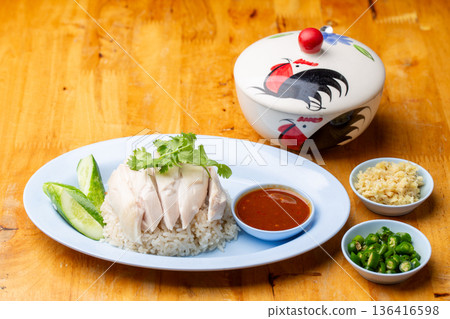 Thai Hainanese Chicken Rice with Crispy Chicken and Dipping Sauce 136416598