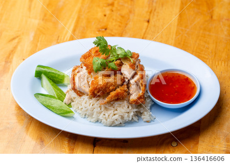 Thai Hainanese Chicken Rice with Crispy Chicken and Dipping Sauce 136416606
