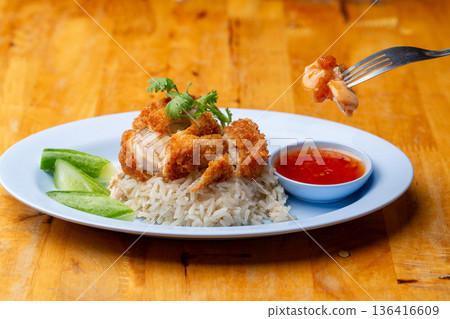 Thai Hainanese Chicken Rice with Crispy Chicken and Dipping Sauce Thai Hainanese Chicken Rice with Crispy Chicken and Dipping Sauce 136416609