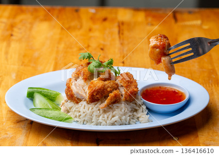 Thai Hainanese Chicken Rice with Crispy Chicken and Dipping Sauce Thai Hainanese Chicken Rice with Crispy Chicken and Dipping Sauce 136416610