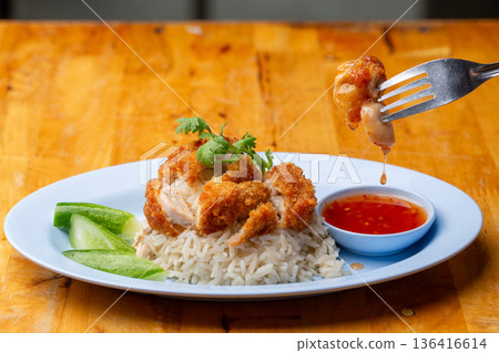 Thai Hainanese Chicken Rice with Crispy Chicken and Dipping Sauce Thai Hainanese Chicken Rice with Crispy Chicken and Dipping Sauce 136416614