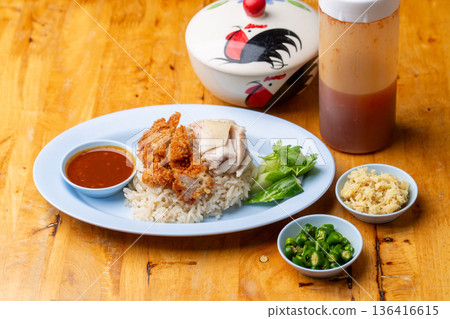 Thai Hainanese Chicken Rice with Crispy Chicken and Dipping Sauce Thai Hainanese Chicken Rice with Crispy Chicken and Dipping Sauce 136416615