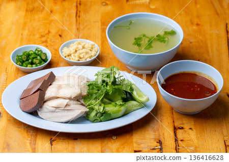 Thai Hainanese Chicken Rice with Crispy Chicken and Dipping Sauce Thai Hainanese Chicken Rice with Crispy Chicken and Dipping Sauce 136416628