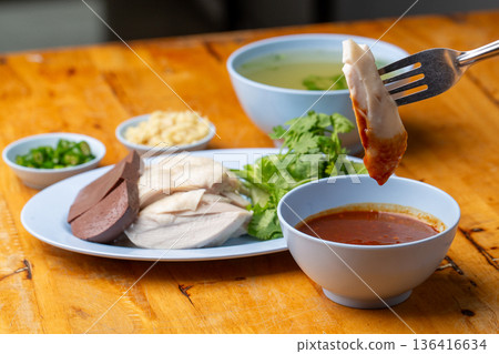 Thai Hainanese Chicken Rice with Crispy Chicken and Dipping Sauce Thai Hainanese Chicken Rice with Crispy Chicken and Dipping Sauce 136416634