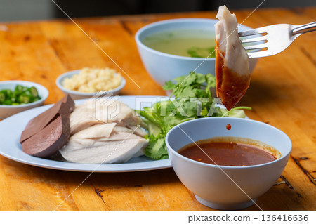 Thai Hainanese Chicken Rice with Crispy Chicken and Dipping Sauce Thai Hainanese Chicken Rice with Crispy Chicken and Dipping Sauce 136416636