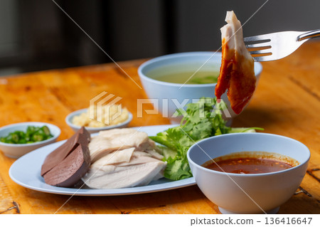 Thai Hainanese Chicken Rice with Crispy Chicken and Dipping Sauce 136416647